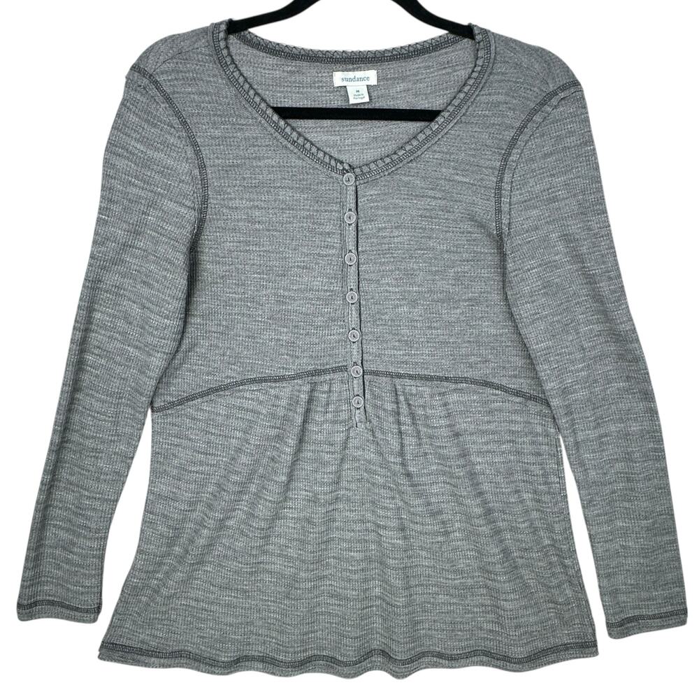 Sundance Waffle Knit Babydoll Top Shirt Womens Medium Thermal Grey Henley LS